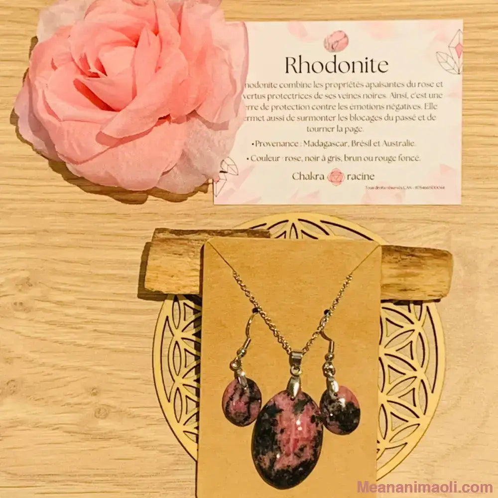 Coffret cadeau Rhodonite avec parure bijoux acier inoxydable (collier et boucles d'oreilles), Fleur de Vie et Palo Santo