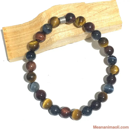 Bracelet homme œil de tigre, œil de taureau et œil de faucon, 8mm en pierres naturelles pour lithothérapie, perle acier inox argenté.