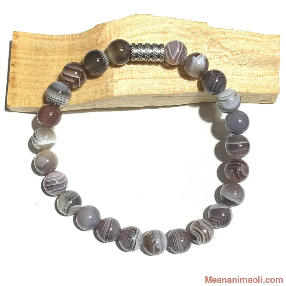 bracelet agate de botswana 8mm en pierres naturelles pour lithothérapie avec perle acier inox argenté.
