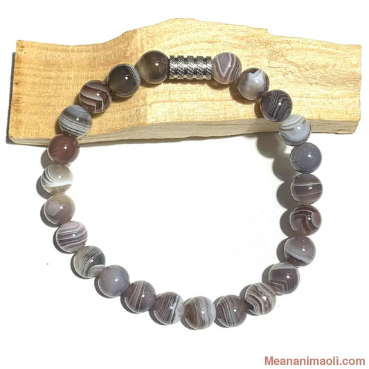 bracelet agate de botswana 8mm en pierres naturelles pour lithothérapie avec perle acier inox argenté.