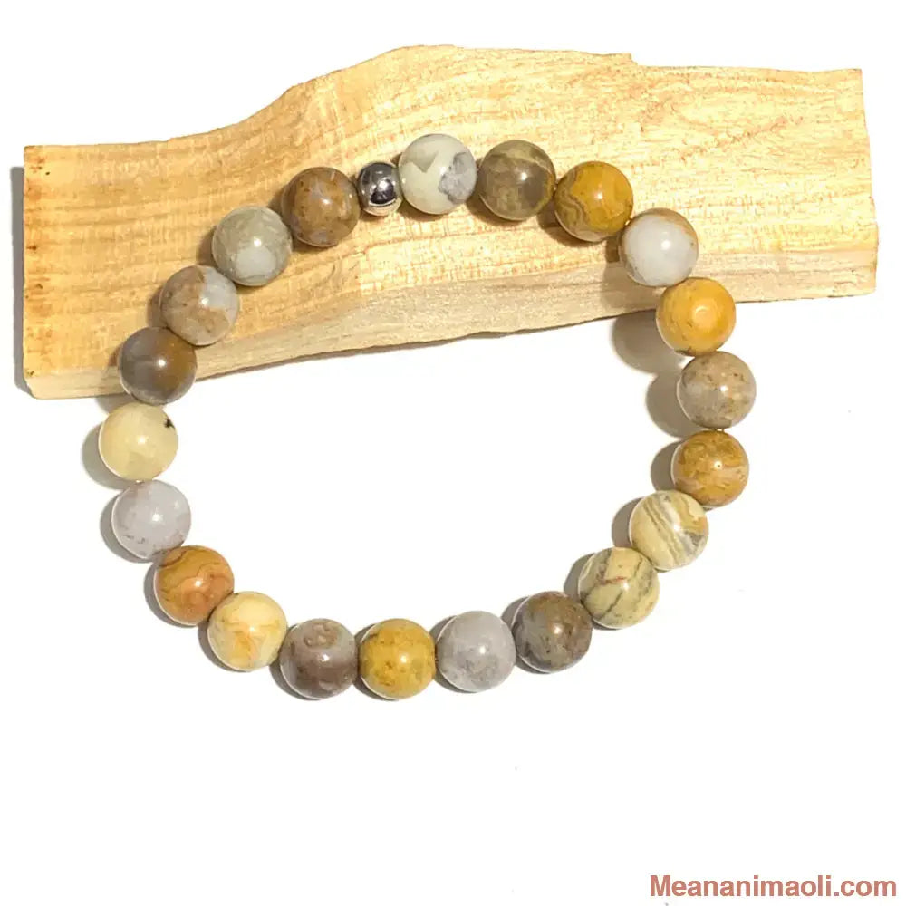 Bracelet Agate Crazy Lace en pierre naturelle 8mm pour lithothérapie avec séparateur en acier inoxydable argenté.