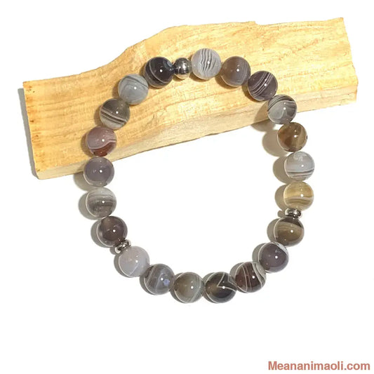 Bracelet Agate du Botswana en pierre naturelle 8mm pour lithothérapie avec séparateurs en acier inoxydable argenté.