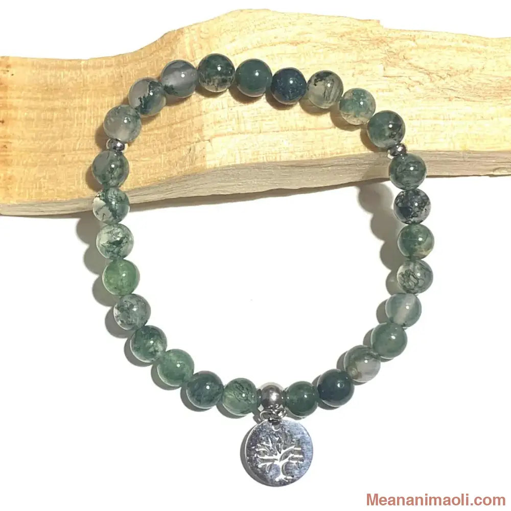 Bracelet Agate Mousse 6 mm avec breloque Arbre de Vie et séparateurs en acier inoxydable argenté.