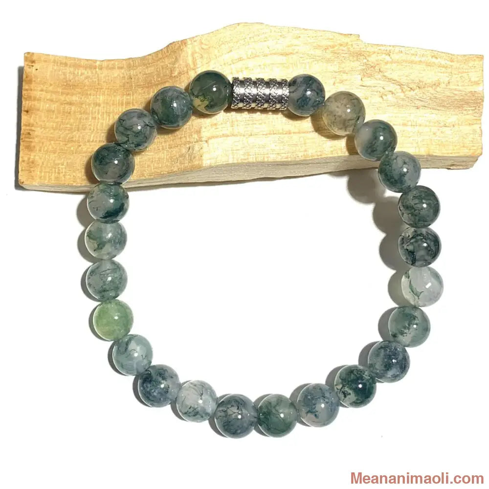 Bracelet Agate Mousse 8 mm en pierres naturelles, perle finition Acier Inox Argenté, bienfaits lithothérapie