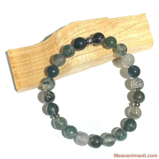 Bracelet Agate Mousse en pierre naturelle 8mm pour lithothérapie avec séparateurs en acier inoxydable argenté.
