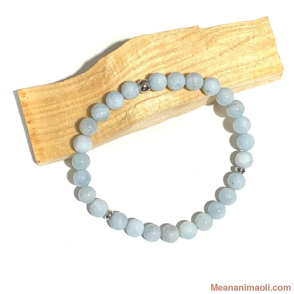 Bracelet Aigue Marine bleu 6mm, perles acier inoxydable argenté.