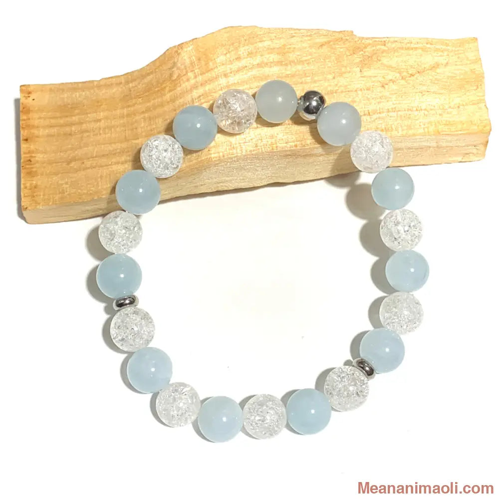 Bracelet aigue-marine et cristal de roche craquelé 8 mm – pierre naturelle de clarté et d’expression
