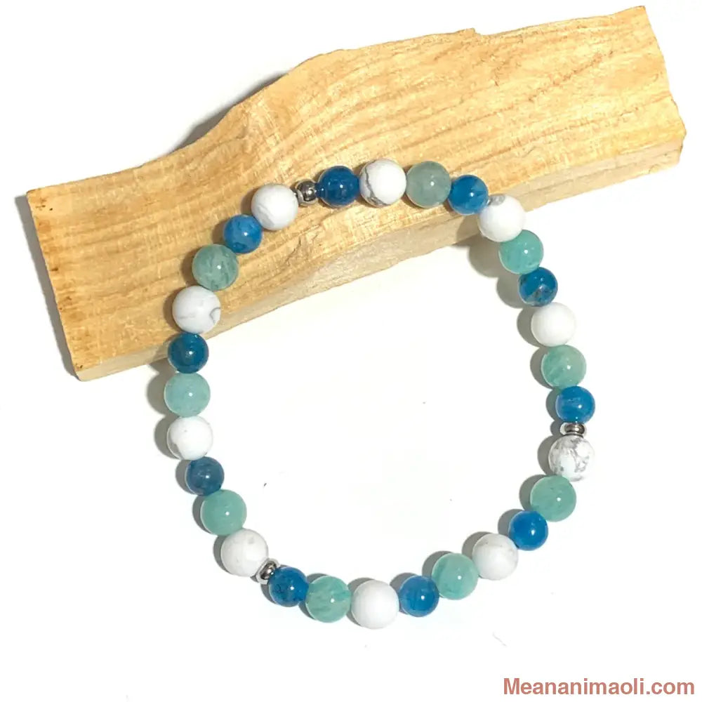 Bracelet Amazonite, Apatite et Howlite 6mm, perles acier inoxydable argenté.