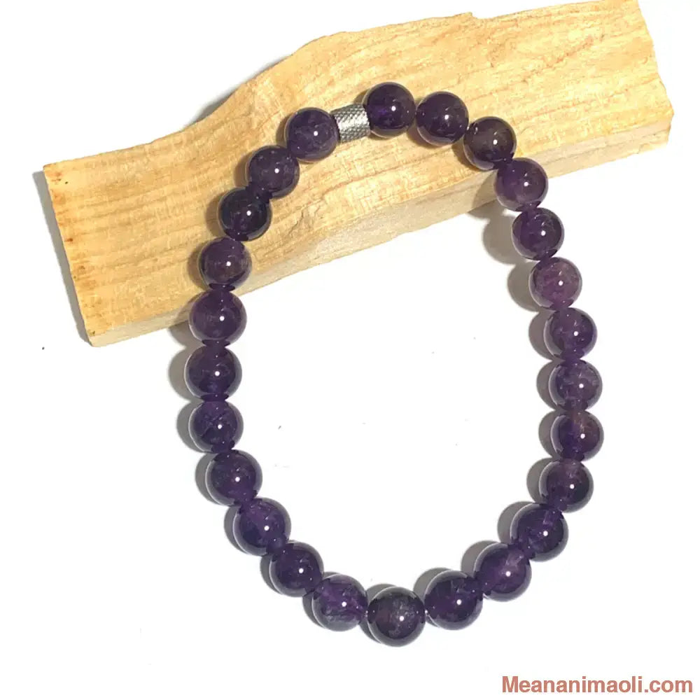 Bracelet homme en améthyste 8mm en pierres naturelles pour lithothérapie avec perle acier inox argenté.