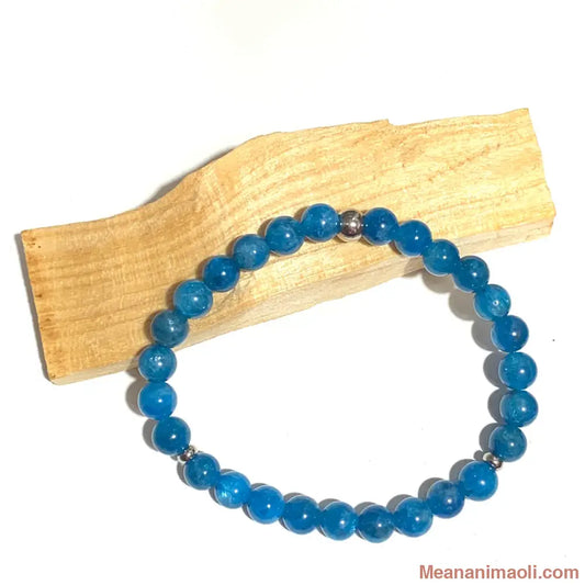Bracelet Apatite Bleue 6mm, perles acier inoxydable argenté.