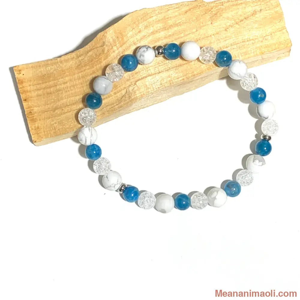 Bracelet Apatite, Howlite et Cristal de Roche Craquelé 6mm, perles acier inoxydable argenté.