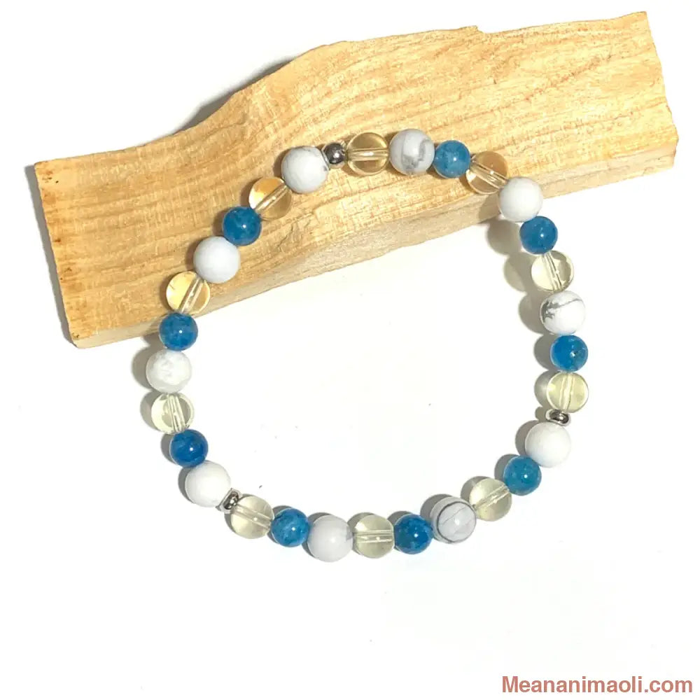 Bracelet Apatite bleue, Howlite et Citrine jaune 6mm, perles acier inoxydable argenté.