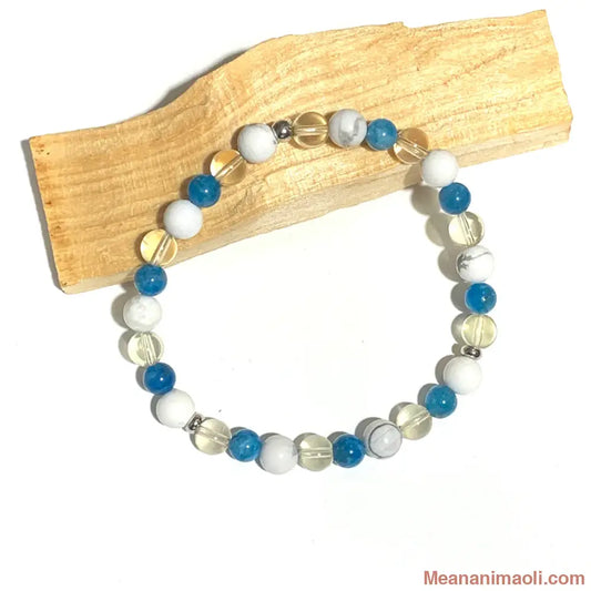 Bracelet Apatite bleue, Howlite et Citrine jaune 6mm, perles acier inoxydable argenté.