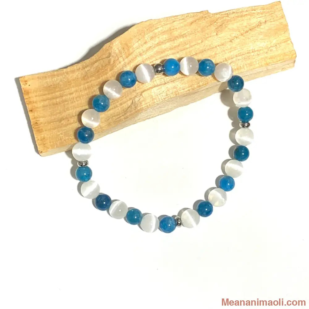 Bracelet Apatite bleue et Sélénite 6mm, perles acier inoxydable argenté.