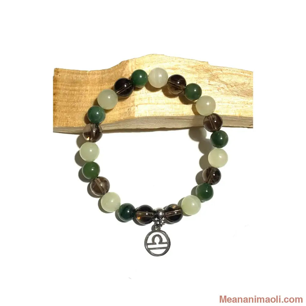 Bracelet Balance en pierres naturelles Quartz Fumé Calcite Verte Jade Néphrite 8mm avec breloque signe Balance acier inoxydable argenté