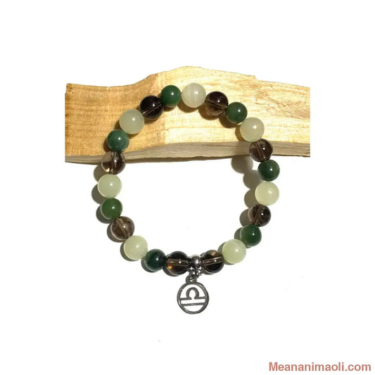 Bracelet Balance en pierres naturelles Quartz Fumé Calcite Verte Jade Néphrite 8mm avec breloque signe Balance acier inoxydable argenté