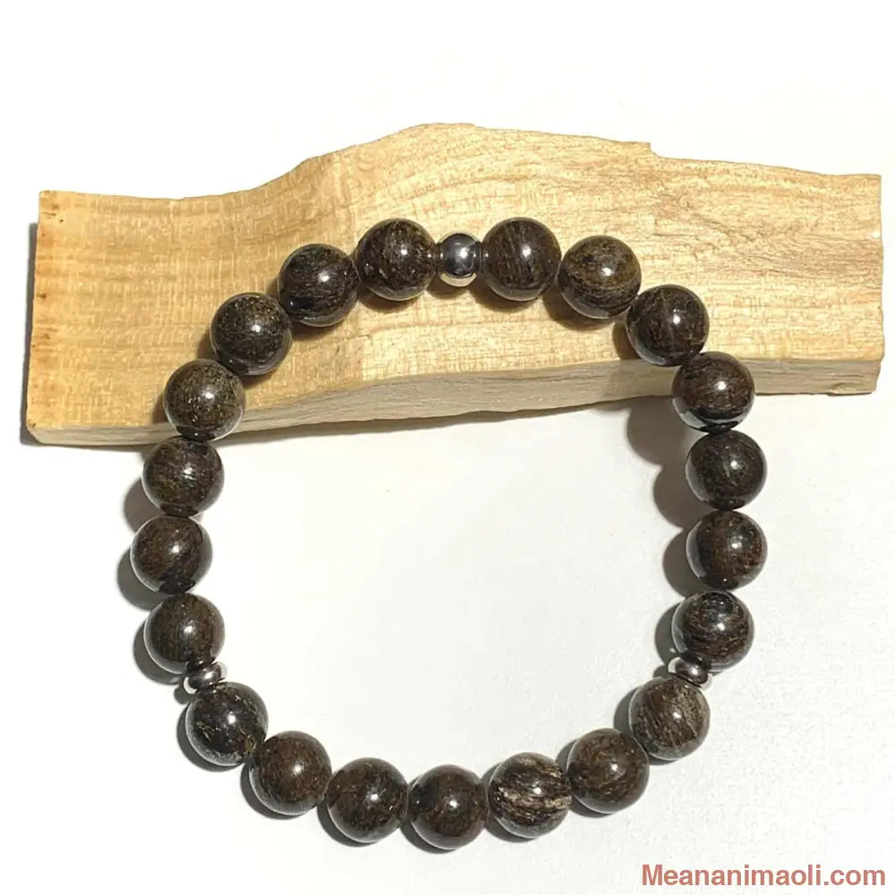 Bracelet bronzite en pierres naturelles 8 mm pour lithothérapie avec séparateurs en acier inoxydable argenté.