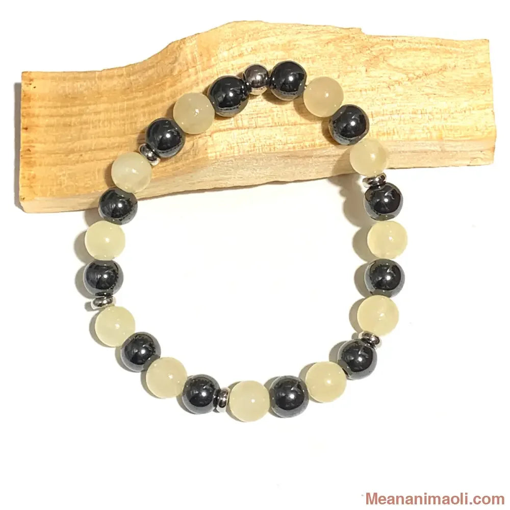 Bracelet calcite jaune hématite 8 mm – pierre naturelle d’énergie et d’équilibre