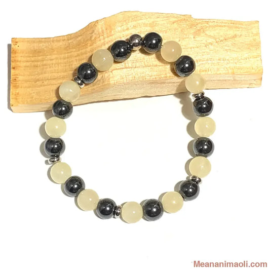 Bracelet calcite jaune hématite 8 mm – pierre naturelle d’énergie et d’équilibre