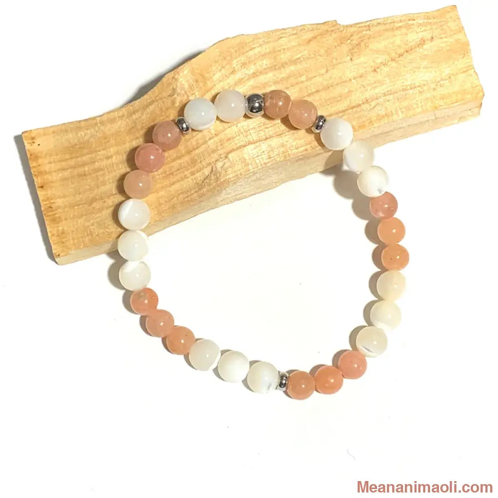 Bracelet 6mm Calcite Orange et Nacre, perles acier inoxydable argenté.