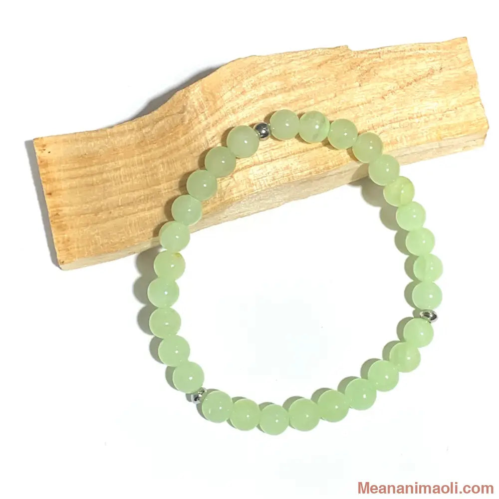 Bracelet Calcite Verte 6mm, perles acier inoxydable argenté.