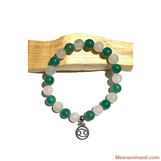 Bracelet Cancer en pierres naturelles Aventurine Verte Quartz Rose Pierre de Lune 8mm avec breloque signe Cancer acier inoxydable argenté