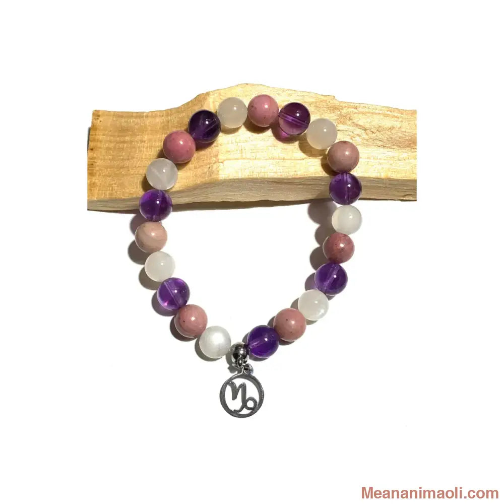 Bracelet Capricorne en pierres naturelles Améthyste Rhodonite Pierre de Lune 8mm avec breloque acier inoxydable argenté 