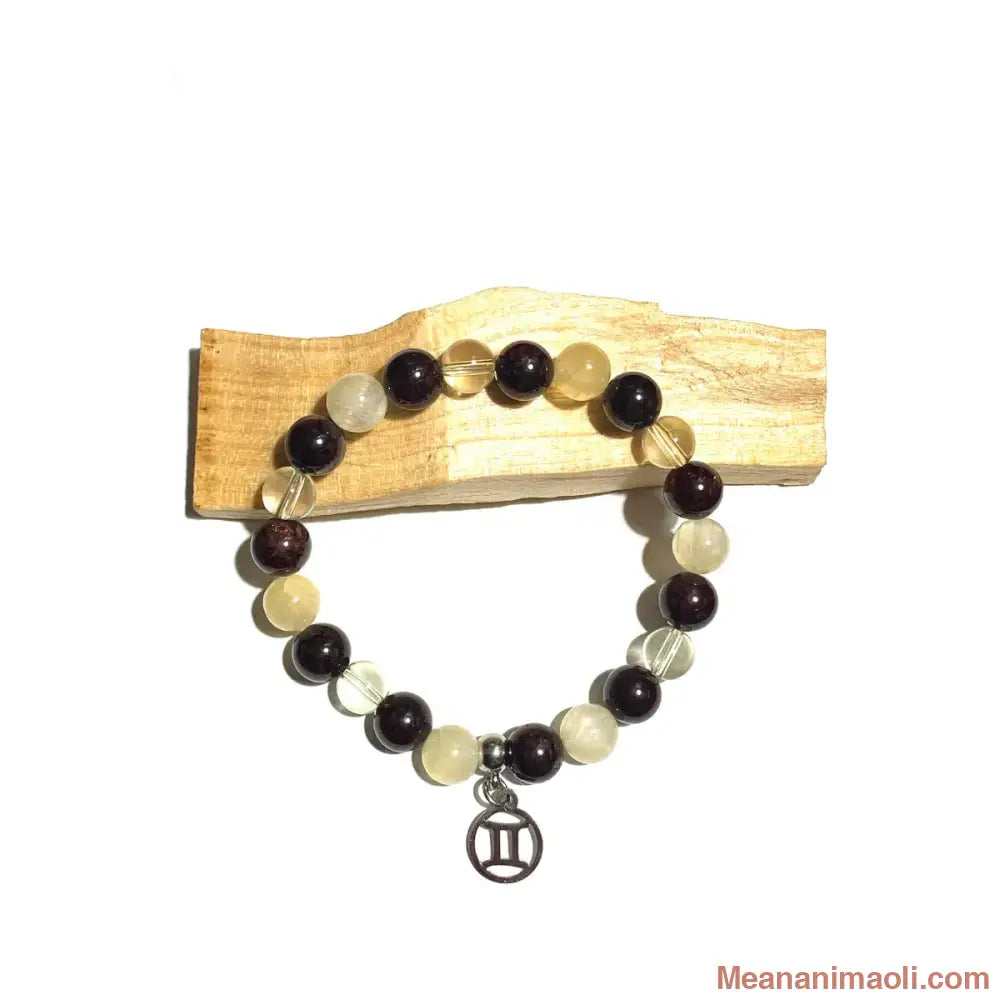 Bracelet Gémeaux en pierres naturelles Grenat Citrine Calcite Jaune 8mm avec breloque signe Gémeaux acier inoxydable argenté