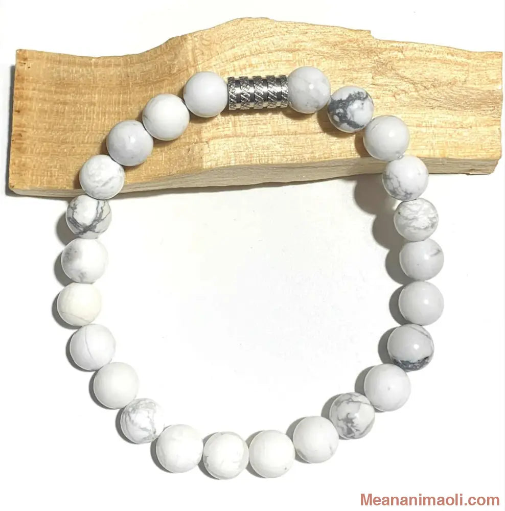 Bracelet Howlite Blanche 8 mm en pierres naturelles pour lithothérapie. Perle Acier Inox Argenté.