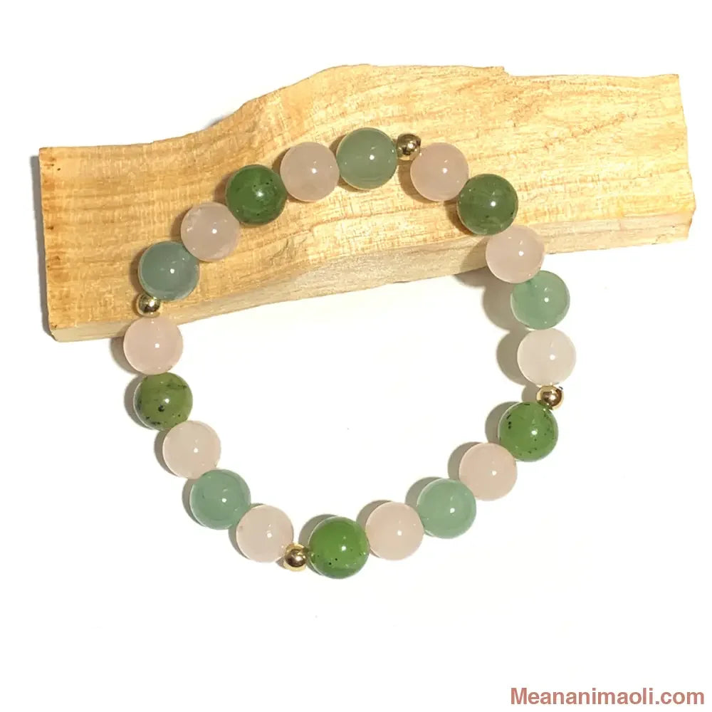 Bracelet jade néphrite, aventurine et quartz rose 8 mm – douceur et harmonie du cœur