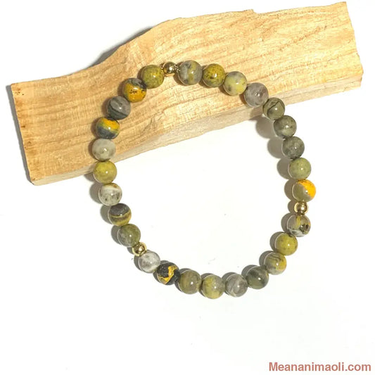 Bracelet en Jaspe Bumblebee 6mm, perles acier inoxydable doré.