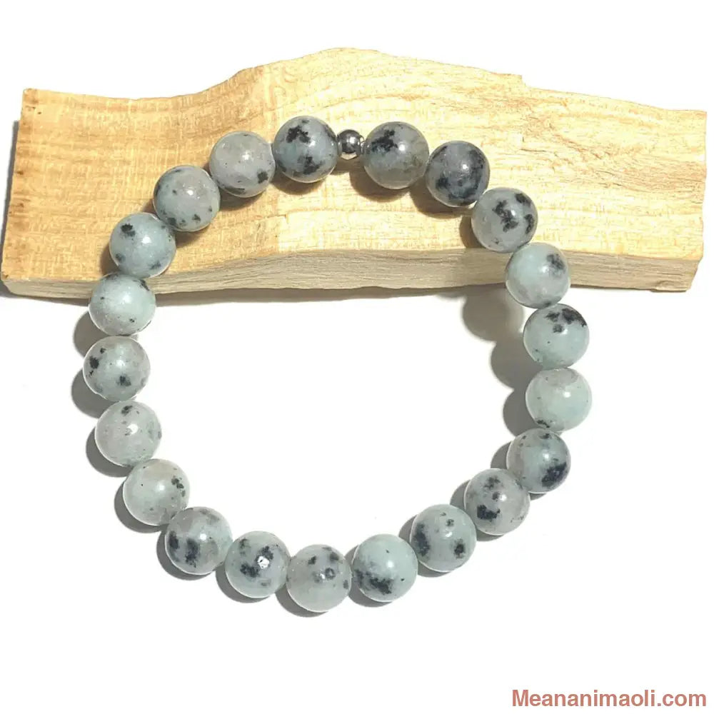 Bracelet Jaspe Kiwi en pierre naturelle pour lithothérapie avec séparateur en acier inoxydable argenté.