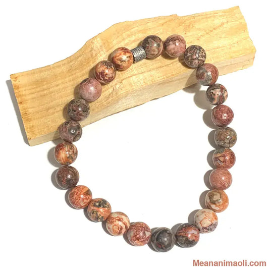  Bracelet homme en jaspe léopard en pierres naturelles 8mm pour lithothérapie avec perle acier inox argenté.