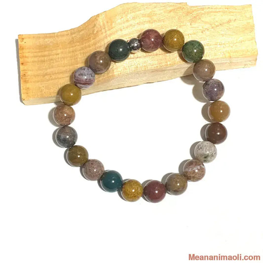 Bracelet Jaspe Océan 8mm, perle acier inoxydable argenté.