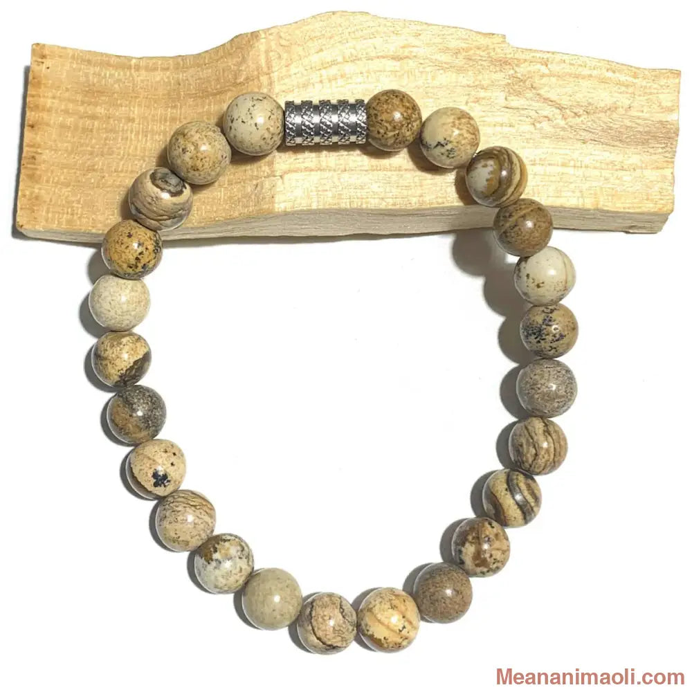 Bracelet Jaspe Paysage 8 mm en pierres naturelles pour lithothérapie, Perle Acier Inox Argenté.