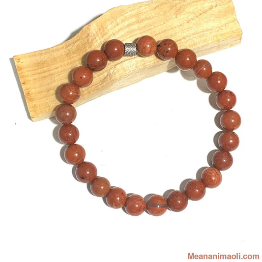 Bracelet homme en jaspe rouge 8mm en pierres naturelles pour lithothérapie, perle acier inox argenté.