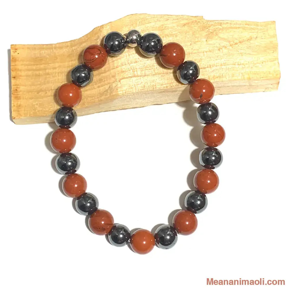 Bracelet Jaspe Rouge et Hématite 8mm, avec une perle acier inoxydable argenté.