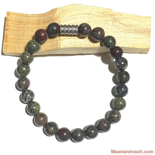 Bracelet Jaspe Sang de Dragon 8 mm en pierres naturelles pour lithothérapie avec Perle Acier Inox Argenté.