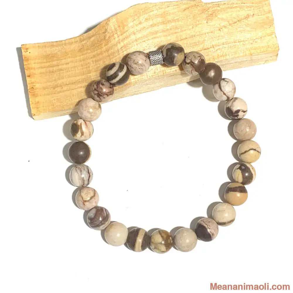 Bracelet homme en jaspe zèbre brun en pierres naturelles pour lithothérapie avec perle acier inox argenté. 