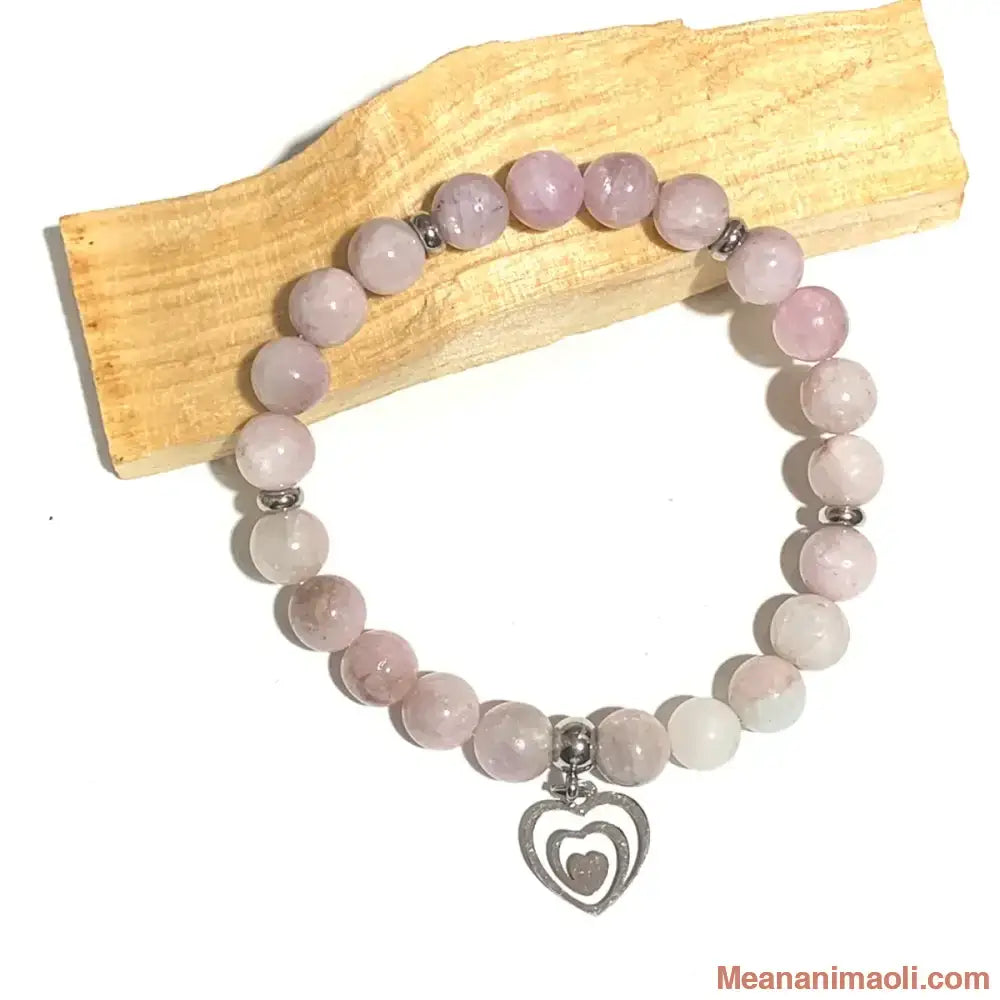 Bracelet Kunzite rose 8mm, perles et breloque cœur en acier inoxydable argenté.