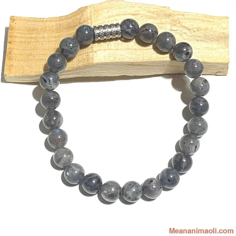 bracelet labradorite 8 mm en pierres naturelles pour lithothérapie avec perler acier inox argenté.
