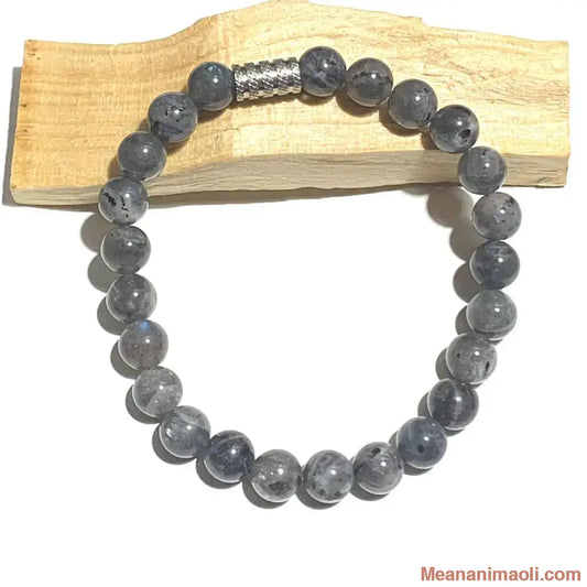 bracelet labradorite 8 mm en pierres naturelles pour lithothérapie avec perler acier inox argenté.