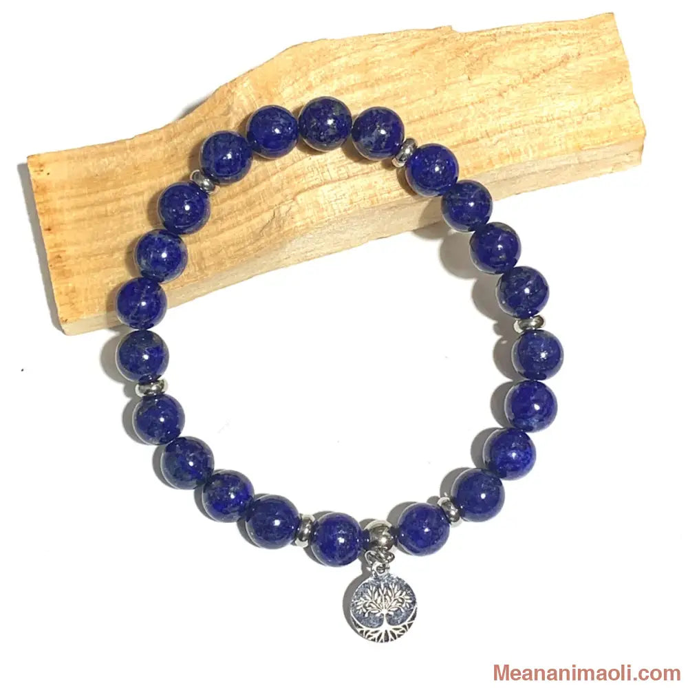 Bracelet Lapis Lazuli 8mm, perles et breloque Arbre de Vie en acier inoxydable argenté.