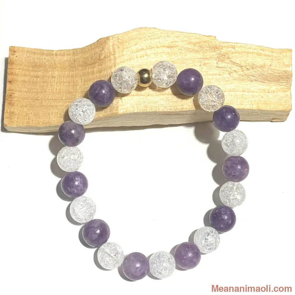 Bracelet Lépidolite et Cristal de Roche Craquelé en pierre naturelle pour lithothérapie avec séparateur en acier inoxydable doré.