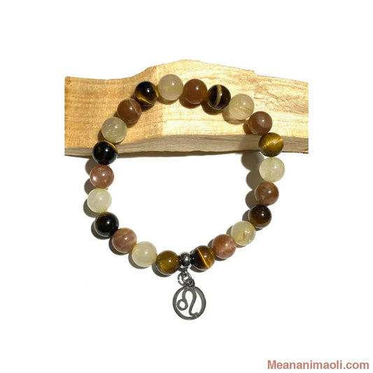 Bracelet Lion en pierres naturelles Œil de Tigre Quartz Rutilé Pierre du Soleil 8mm avec breloque signe Lion acier inoxydable argenté