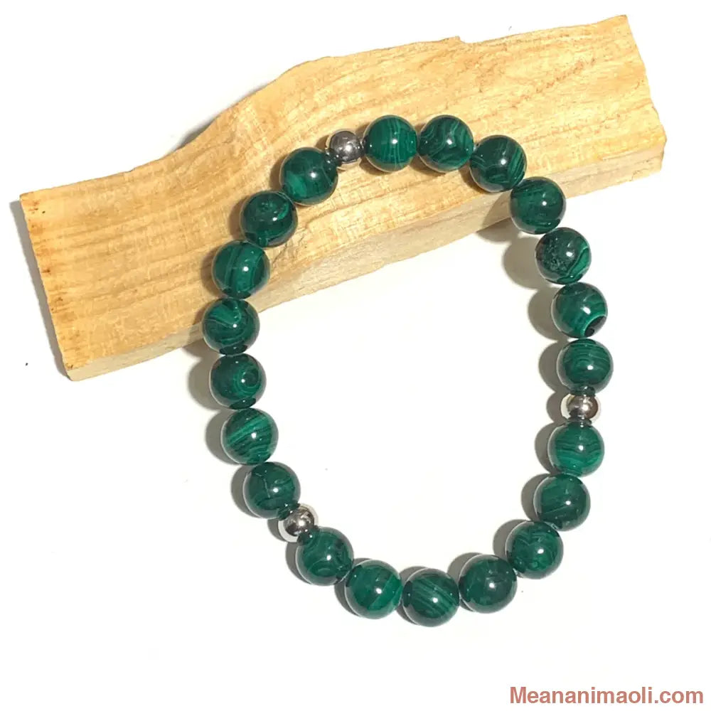 Bracelet Malachite verte 8mm, perles acier inoxydable argenté.