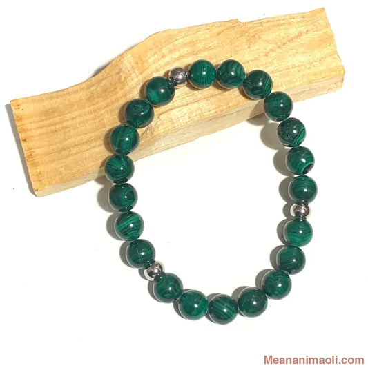 Bracelet Malachite verte 8mm, perles acier inoxydable argenté.