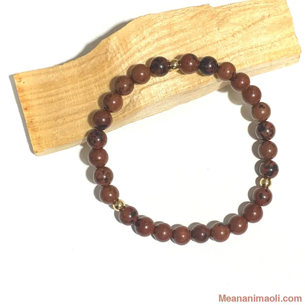 Bracelet en Obsidienne Acajou 6mm, perle acier inoxydable doré.