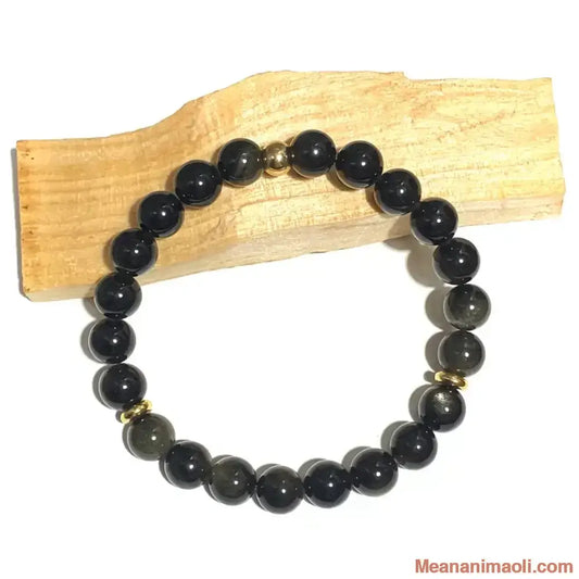 Bracelet Obsidienne Dorée 8mm, perles acier inoxydable doré.