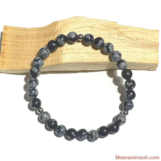 Bracelet en Obsidienne Flocon de Neige 6mm, perles acier inoxydable argenté.